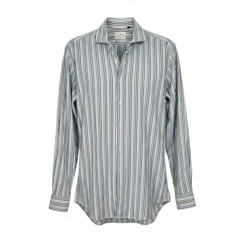 Emanuel Berg Men's Size L Modern Fit Button-Up Seersucker Striped Shirt
